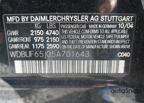 2005 Mercedes-Benz E 320 from USA, damaged, VIN WDBUF65J05A701643